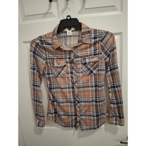 Passport Small Peach Navy Plaid Flannel Long Sleeve Preppy Chic Button Up Shirt